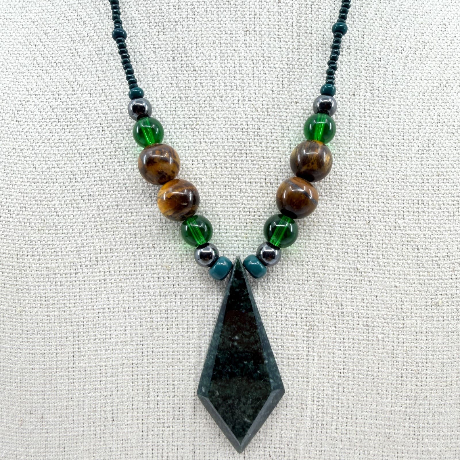 Vintage Green Brown Stone Necklace Geometric Pendant Boho Seed Bead Statement