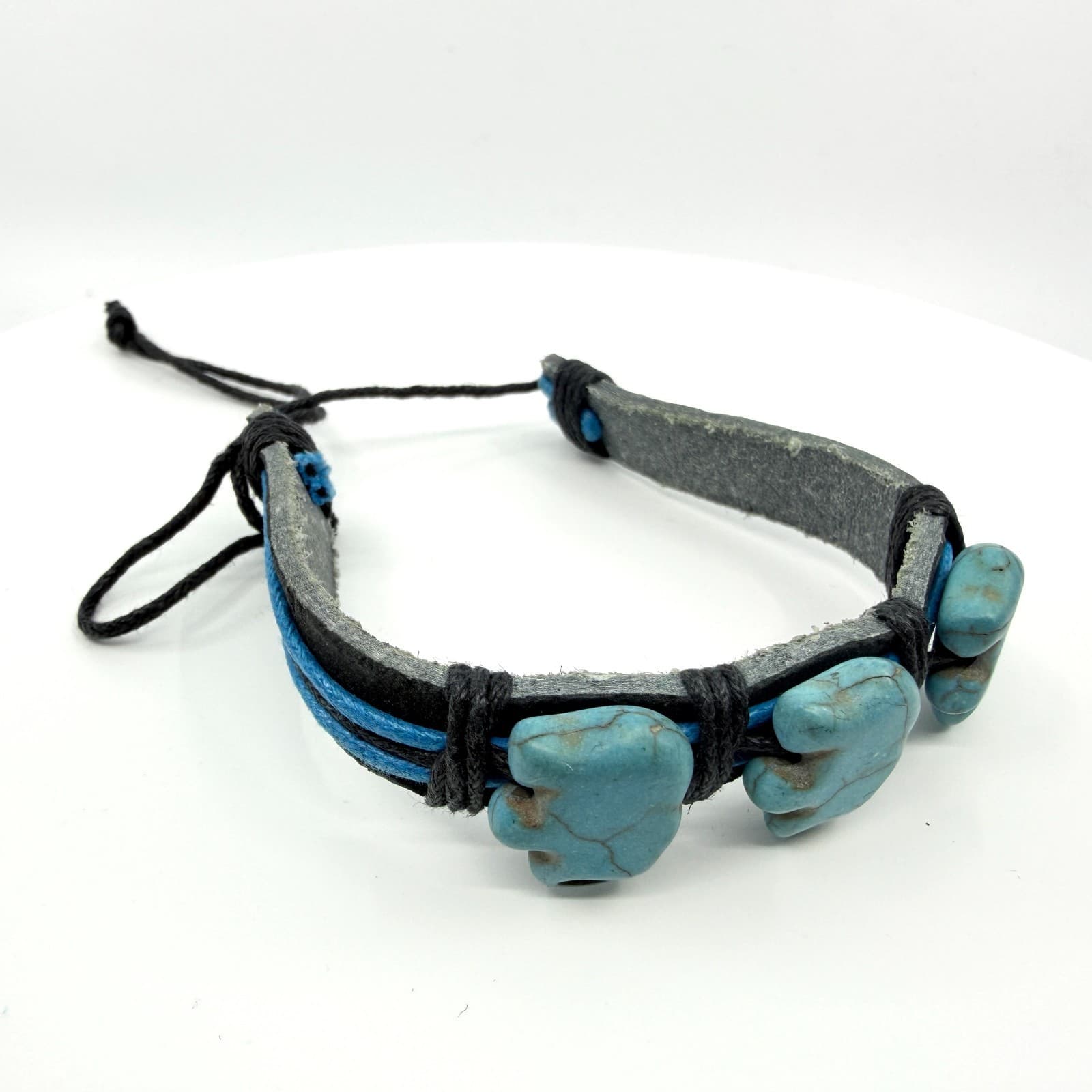 Vintage Boho Blue Elephant Bracelet Faux Leather Wrap Beaded Surfer Statement