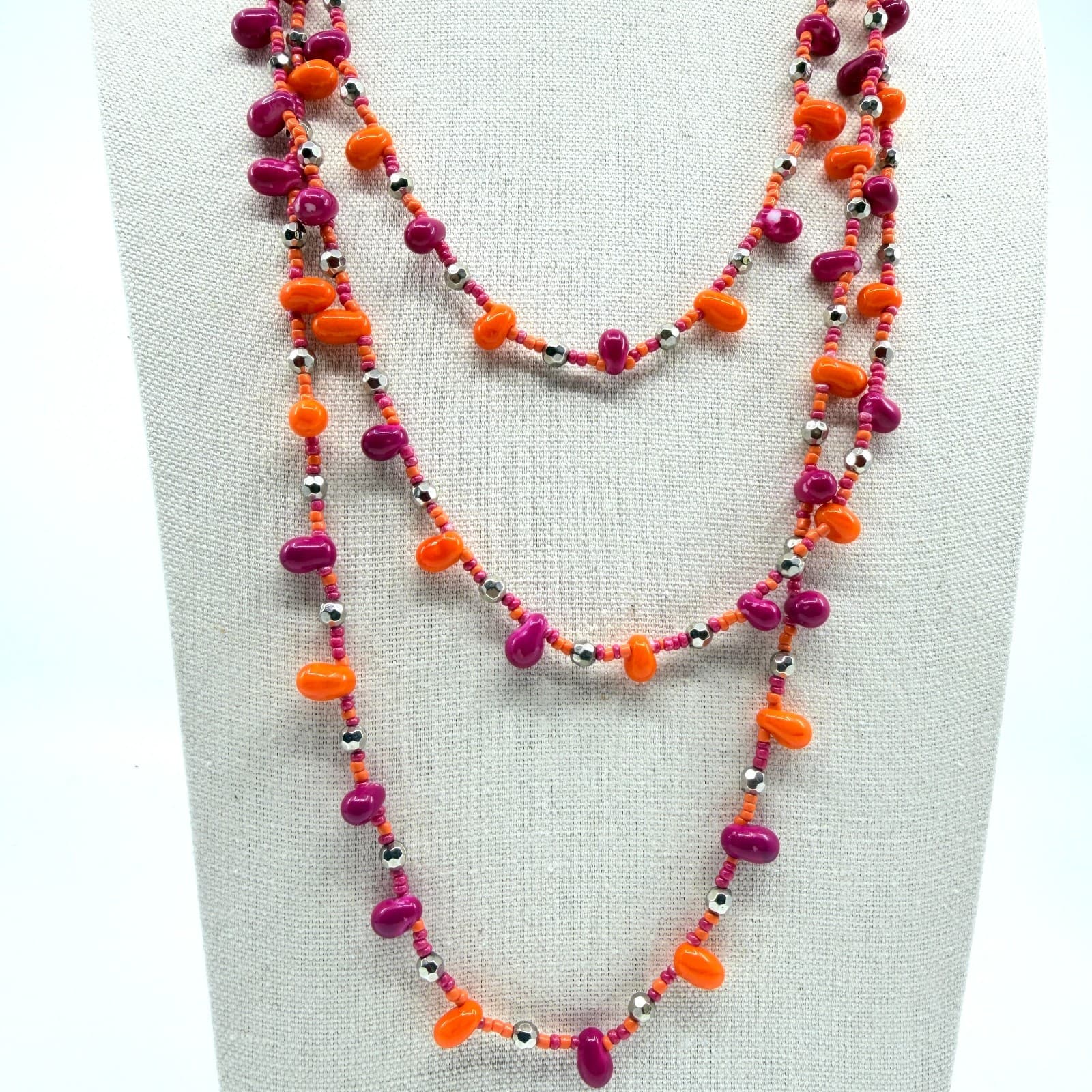 Vintage Pink Orange Beaded Necklace Multi Strand Silver Tone Boho Statement Y2K
