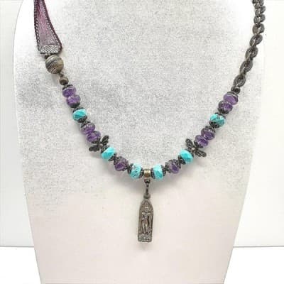 Vintage 90s Gold Tone Buddha Pendant Turquoise Glass Necklace Silk Bronze Tone