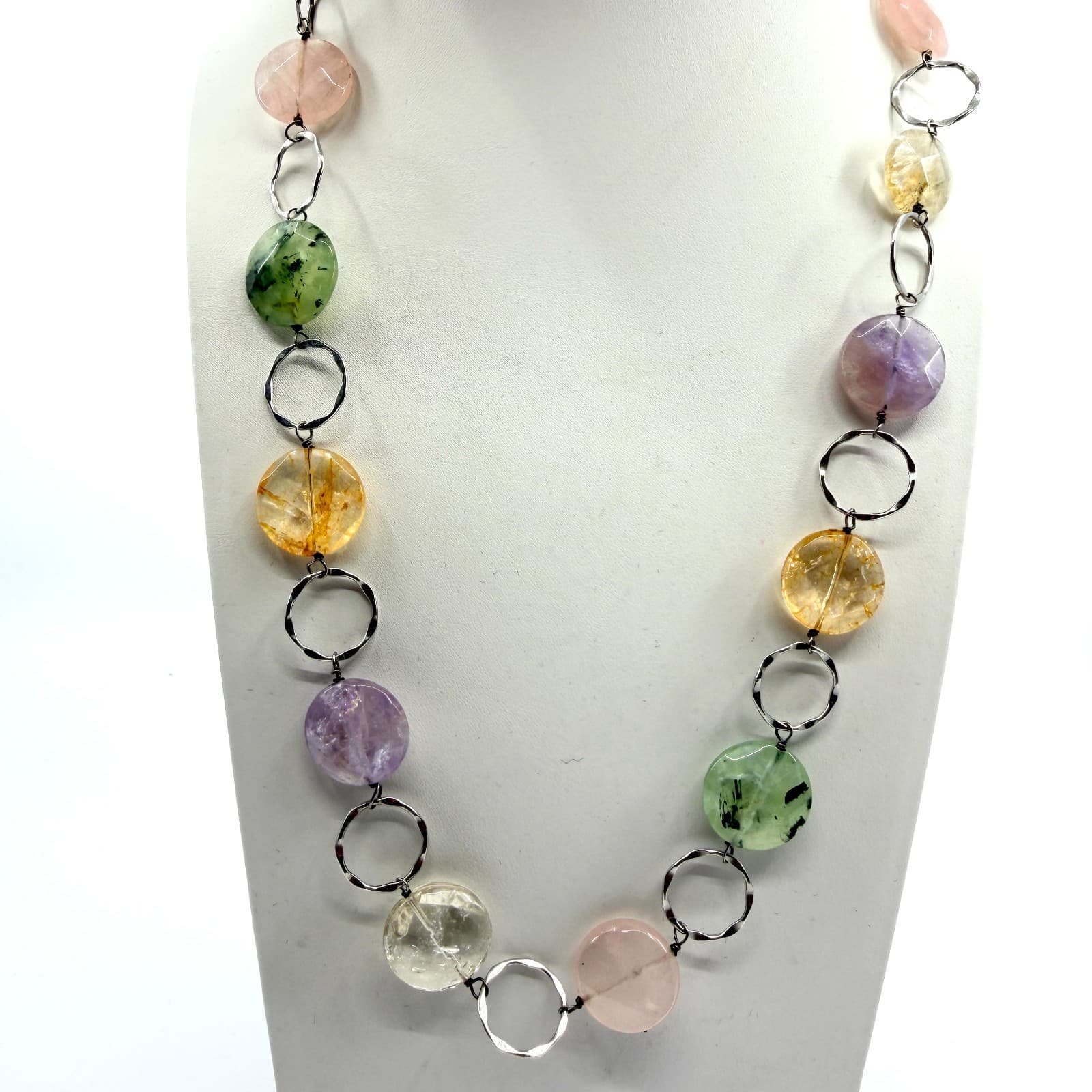Vintage Silver Tone Beaded Necklace Multicolor Pastel Stone Statement Y2K 90s