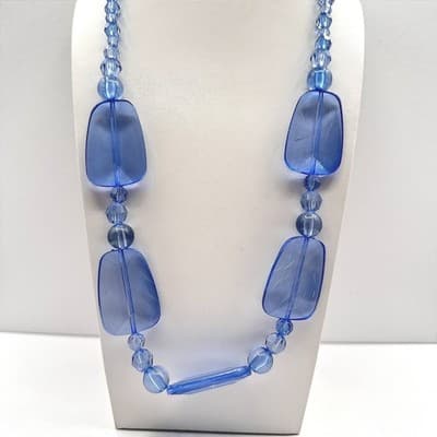 Vintage 90s Y2K Chunky Blue Beaded Glass Statement Necklace Boho Women's Jewelry