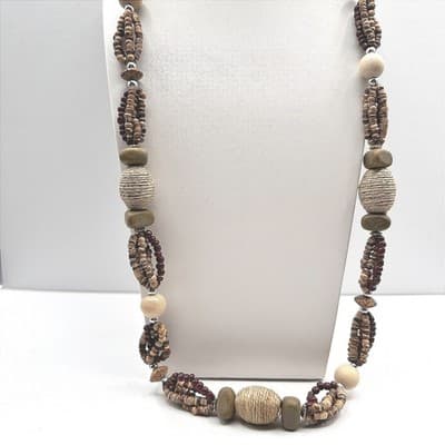 Vintage 90s Chunky Wood Bead Necklace Multi-Strand Earth Tone Statement Boho