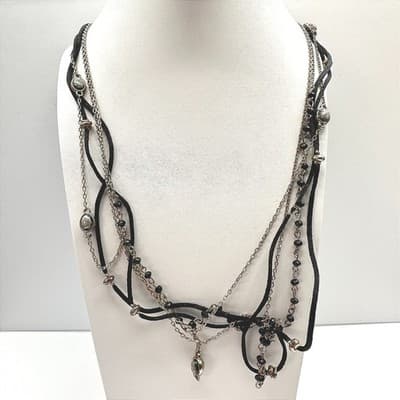 Vintage 90s Multi Strand Beads Black Cord Necklace Gold Tone Women's Jewelry