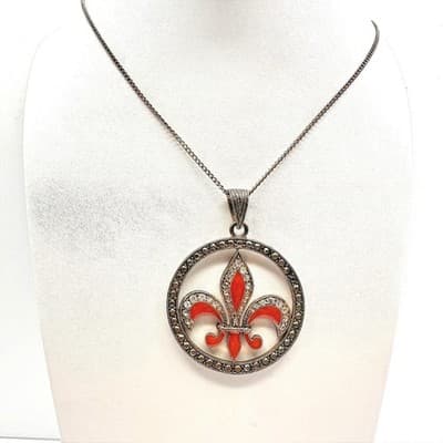 Vintage 90s Orange Fleur De Lis Pendant Necklace Multicolor Tone Women's Jewelry