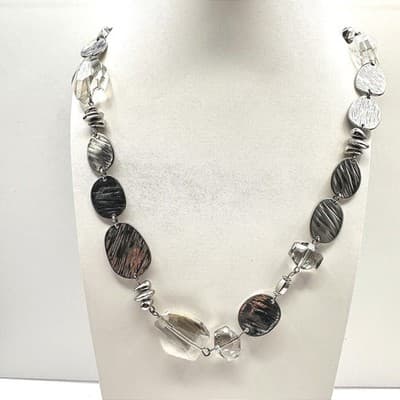 Vintage 90s Silver Tone Textured Disk Clear Glass Beaded Statement Necklace