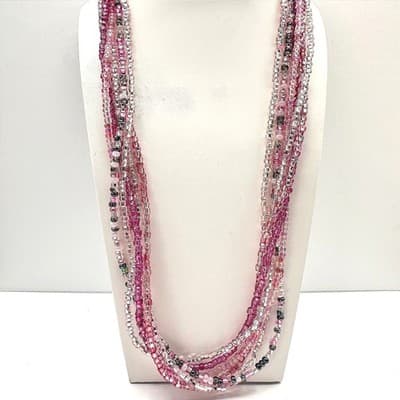 Vintage Y2K Multi Strand Pink Seed Beads Layered Necklace Silver toned Jewelry