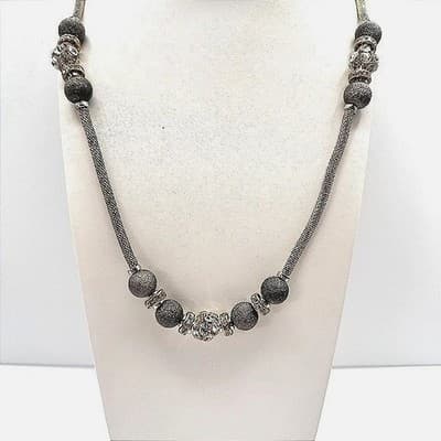 Vintage Y2K Gray Stardust Beads Rhinestone Mesh chain Gold tone Necklace Jewelry