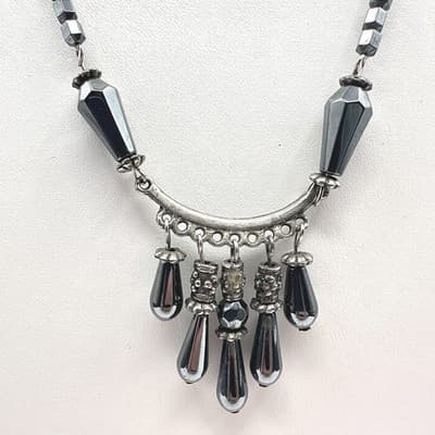 Vintage 90s Hematite Stone Fringe Necklace Silver Tone Dangle Boho Chic Jewelry