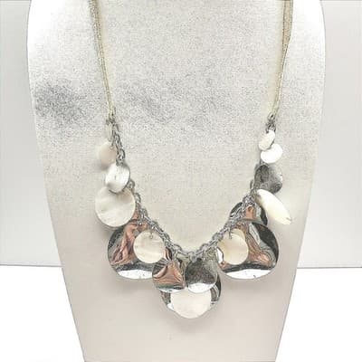 Vintage 90s Mother of Pearl Silver Tone Disc Bib Necklace Suede Cord Jewelry