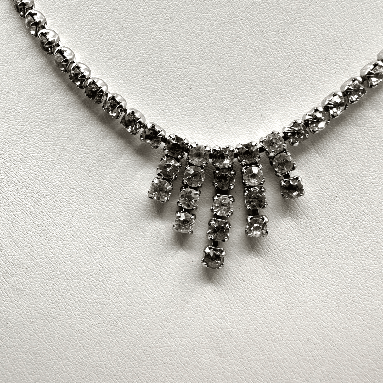 Vintage 50s 60s Silver Tone Clear Rhinestone Fringe Statement Necklace Jewelry