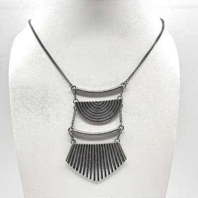 Vintage 90s Silver Tone Geometric Statement Necklace Tiered Bib Boho Jewelry