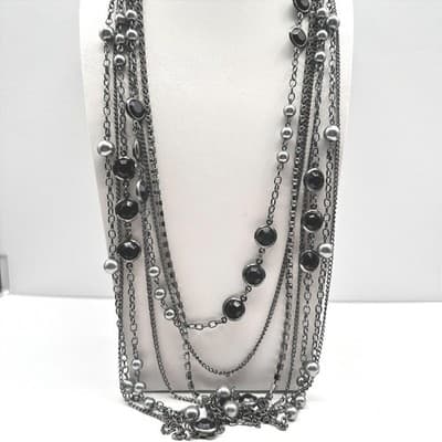 Vintage 90s Multi Strand Layered Necklace Faux Pearl Black Stone Gunmetal Tone