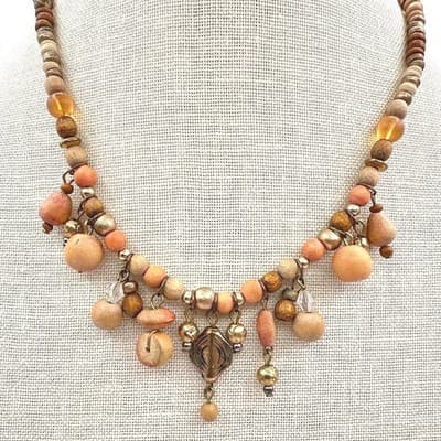 Vintage 70s Boho Colors Wood Shell Bead Dangle Choker Necklace Statement Jewelry