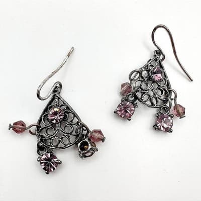 Vintage 90s Purple Crystal Bicone beads Chandelier Earrings Silver Tone Jewelry