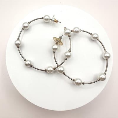 Vintage 90s White Faux Pearl Large Hoop Earrings Gold Tone Women's Jewelry