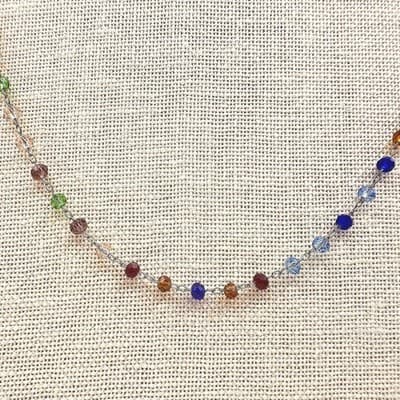Vintage 80s Rainbow Crystal Bead Necklace Chakra Glass Alloy Cable Chain Jewelry