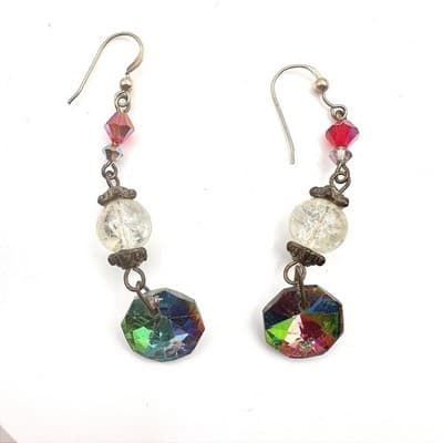 Vintage 80s Crystal AB Aurora Borealis Gold Tone Dangle Drop Earrings Jewelry