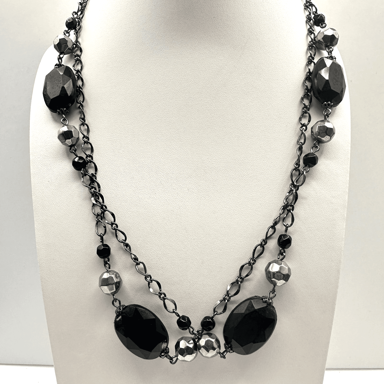 Vintage Y2K Multi Strand Necklace Black Faceted Beaded Silver Tone Boho Jewelry