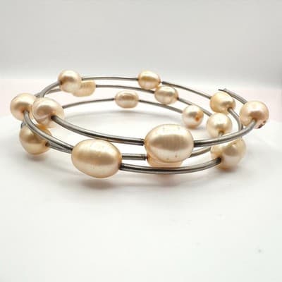 Vintage 90s Multi Strand Pearl Coil Wrap Bracelet Silver Tone Women's Jewelry
