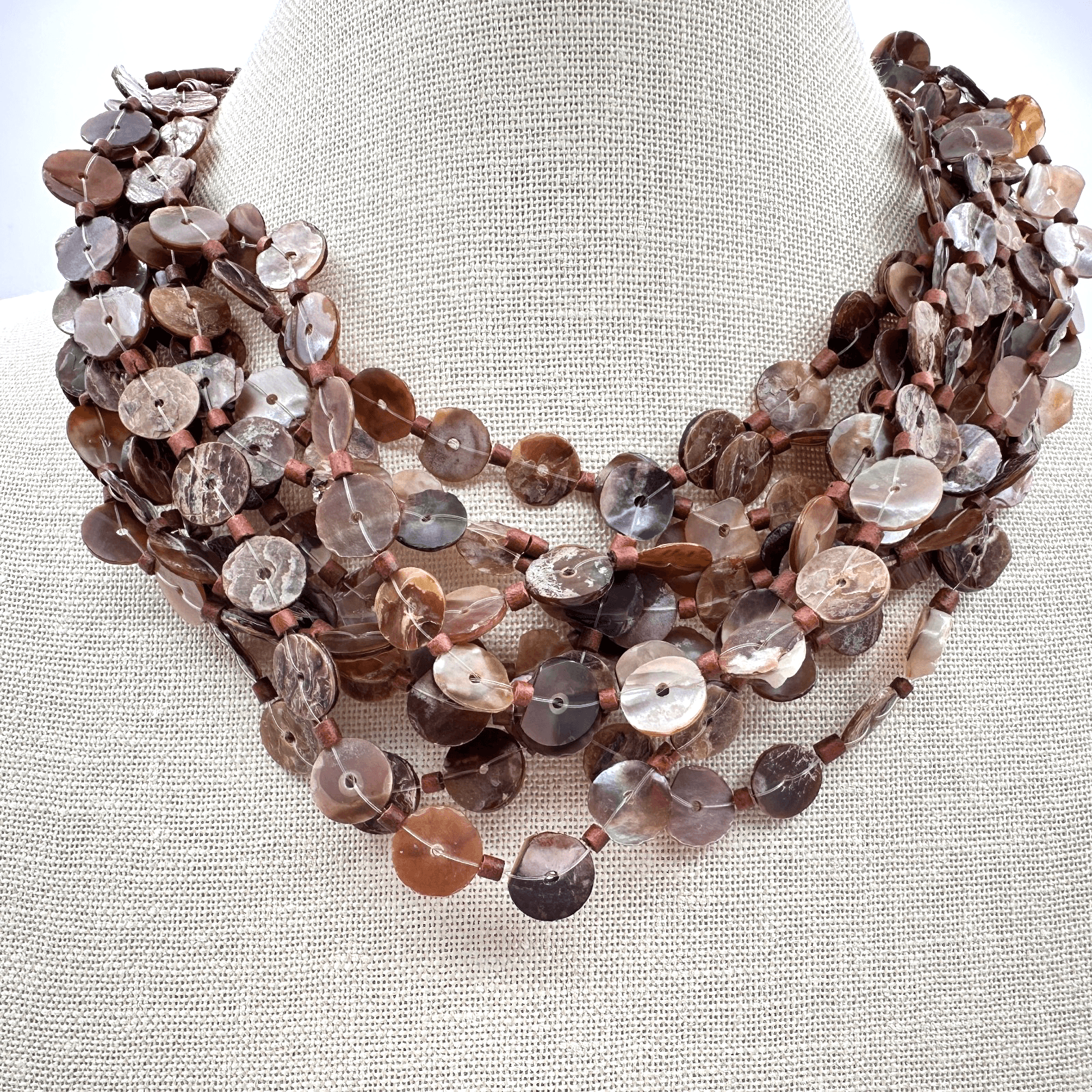 Vintage 80s Boohoo strands Brown Capizzi Shell Choker Necklace Statement Jewelry