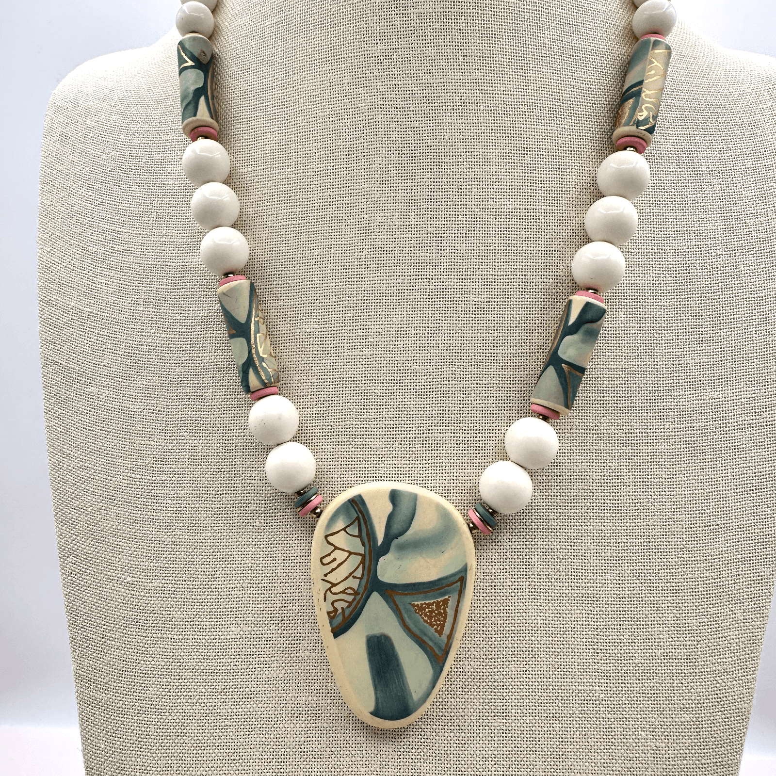 Vintage 90s Ceramic Pendant Necklace Hand Painted Pastel Abstract Art Jewelry