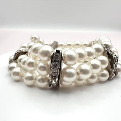 Vintage 90s Multi-Strand Faux Pearl Stretch Bracelet Rhinestone Spacers Jewelry