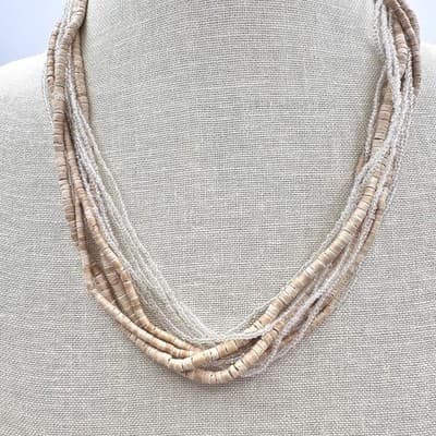 Vintage 90s Multi-Strand Necklace Tan Wooden & Clear Glass Seed Beaded Jewelry