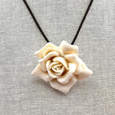 Vintage 80s Carved Rose Pendant Necklace Brown Cord & Cable Statement Jewelry