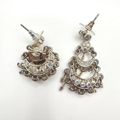 Vintage 90s Crystal Seed Beads Crescent Moon Earrings Gold Tone Jewelry