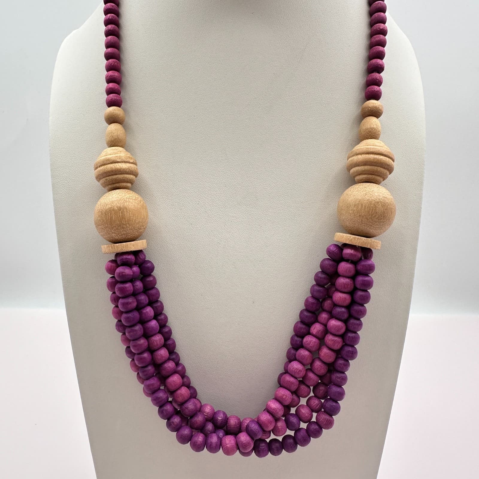 Vintage Y2K Natural Wooden Purple Beaded Triple-Strand Women's Necklace Jewelry