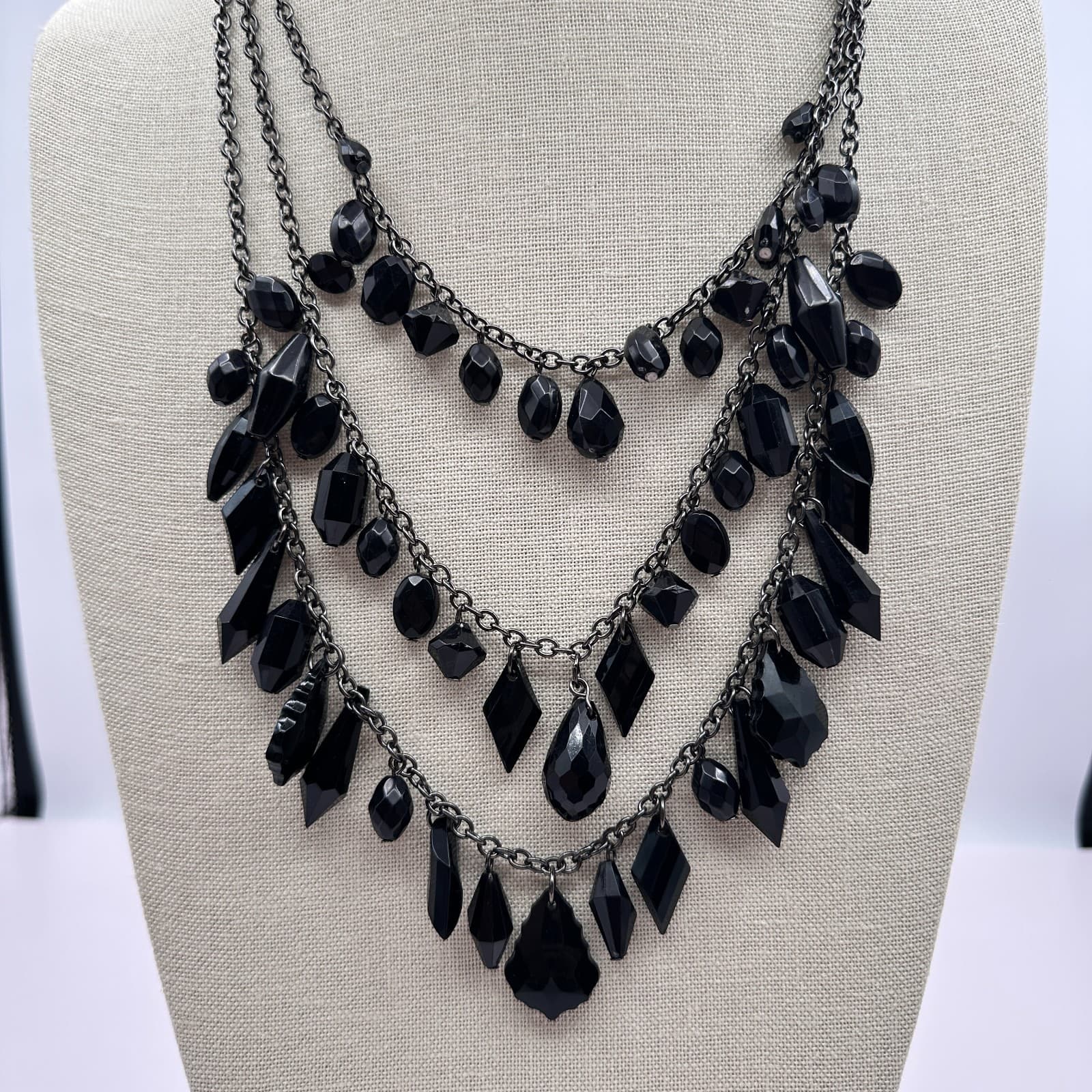 Vintage Y2K Black Multi Stand Geometric Beaded Necklace Silver Tone Boho Jewelry