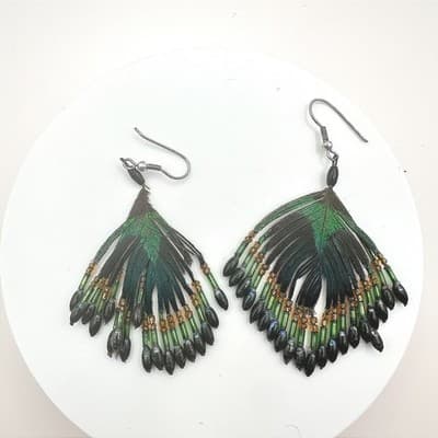 Vintage 80s Boho Peacock Feather Green Black Beaded Dangle Hook Earrings Jewelry