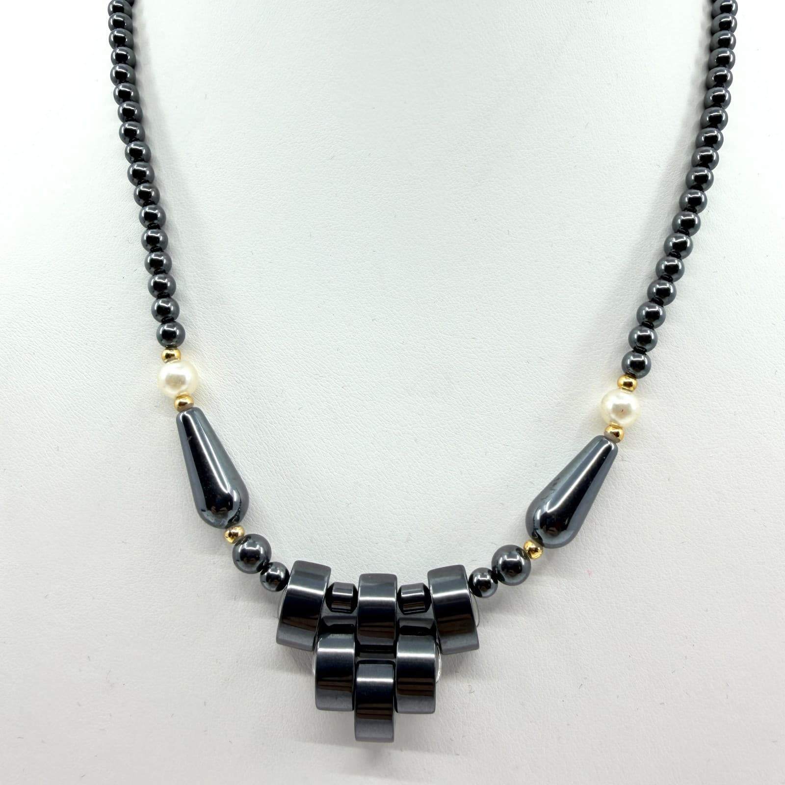 Vintage Gunmetal Tone Beaded Necklace Gray Stone Faux Pearl Statement Y2K 90s