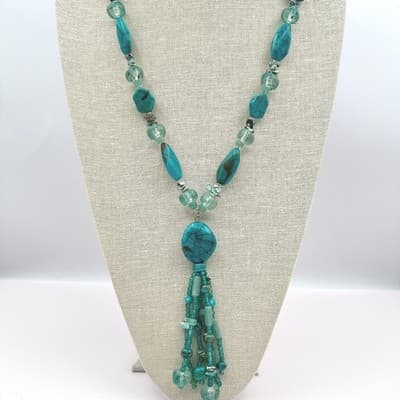 Vintage 90s Teal Faux Turquoise Glass Beaded Tassel Necklace Silver tone Jewelry