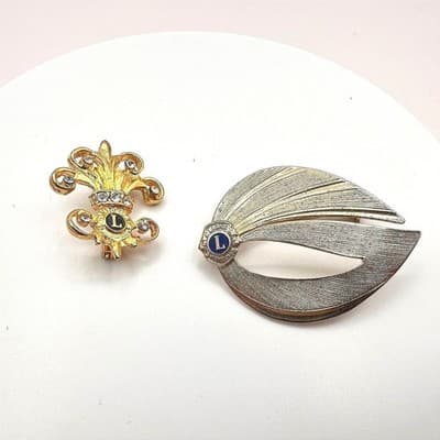 Vintage 80s 90s Lions Club International Brooch Pin Set Gold Tone Glass Jewelry