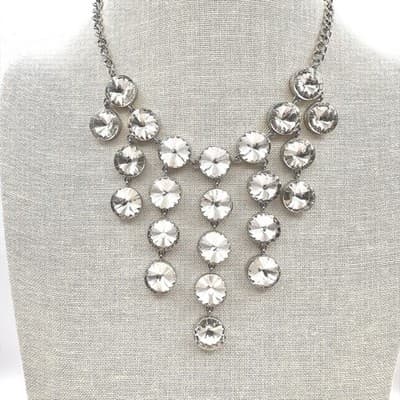 Vintage 90s Silver Tone Round Glass Tiered Bib Statement Necklace Glam Jewelry