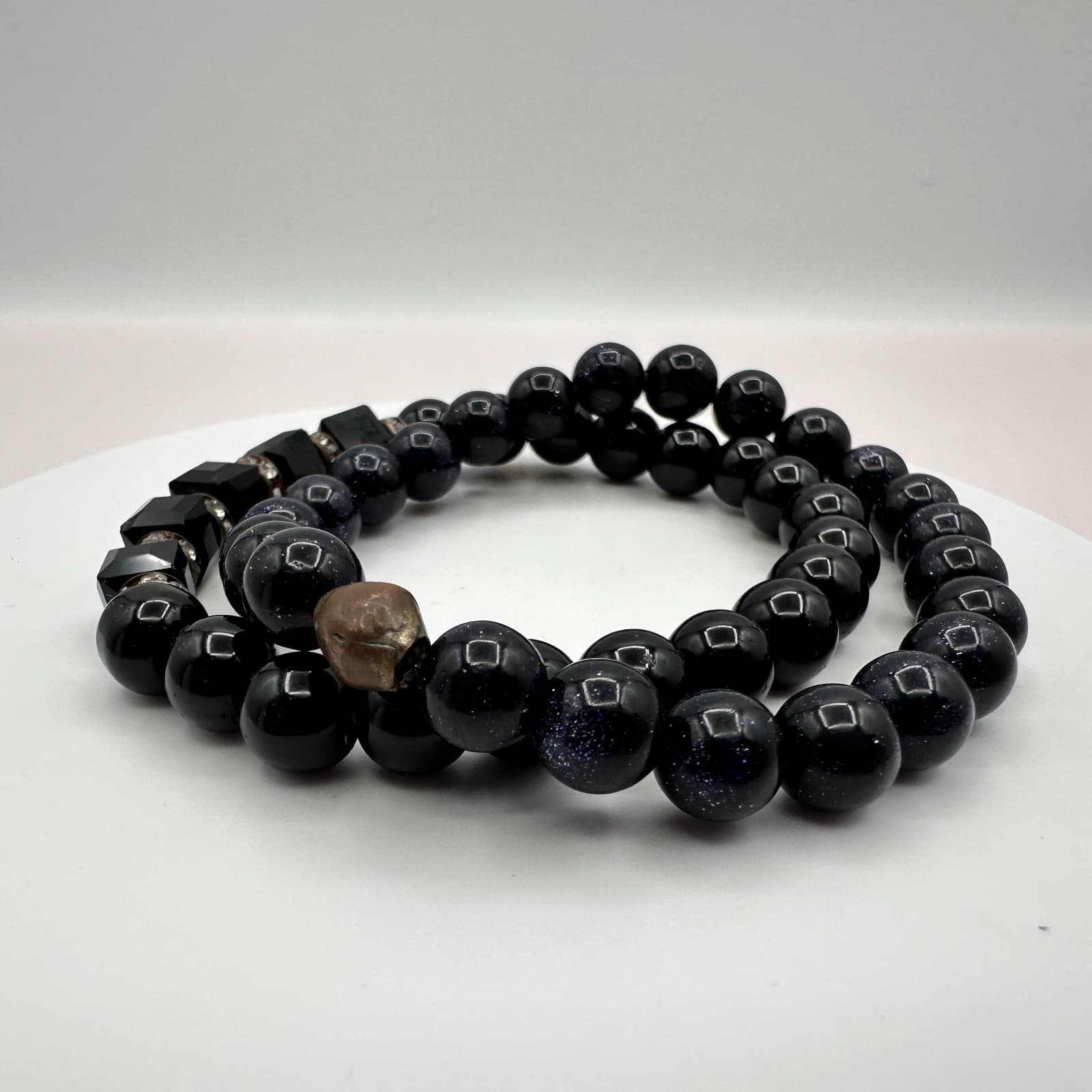 Vintage Y2K Rhinestone Black Onyx Beaded Bracelet Set Boho Women's Jewelry