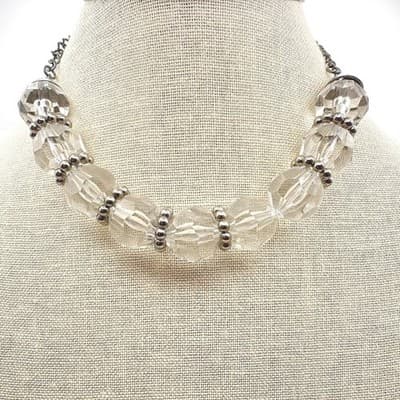 Vintage 80s Chunky Clear Faceted Glass Crystal Necklace Silver Tone Bead Jewelry