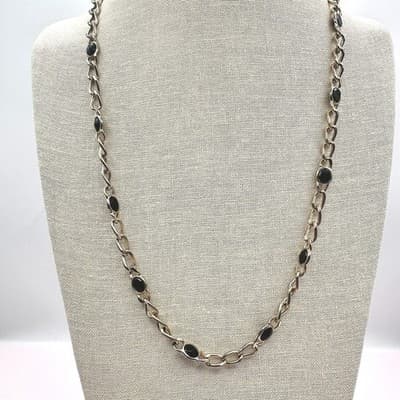 Vintage 90s Black Cabochon Stations Gold Tone Chain Necklace Women's Jewelry