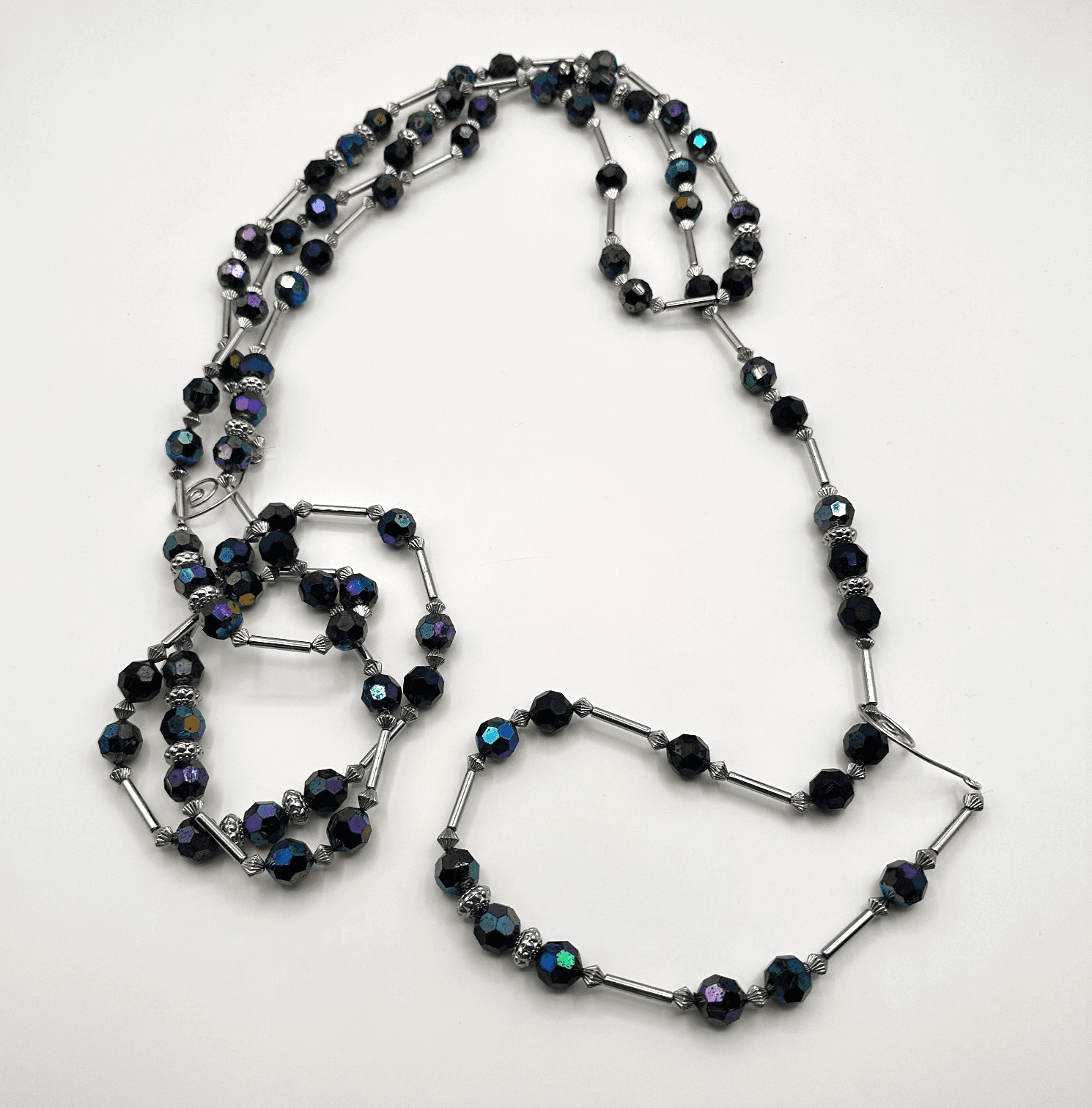 Vintage 90s Black Multi-strand Crystal Beaded Necklace Silver Tone Jewelry