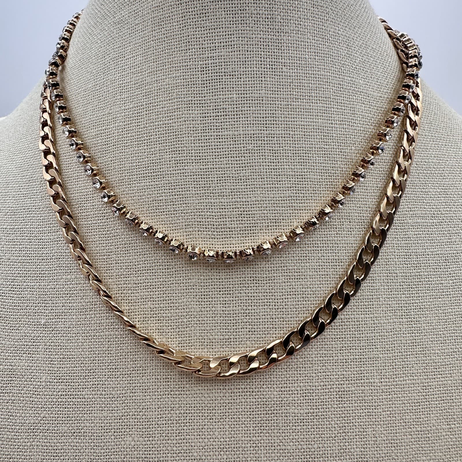 Vintage 80s Chunky Curb & Rhinestone Tennis Chain Layered Necklace Retro Jewelry