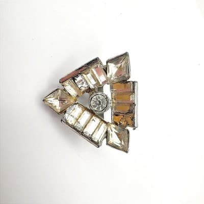 Vintage 80s Silver Tone Clear Rhinestone Geometric Triangle Brooch Pin Art Deco