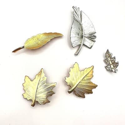 Vintage 80s 90s Leaf Brooch Pin Set Gold & Silver Tone Clear Glass Maple Fall