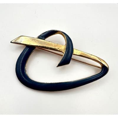 Vintage 80s Abstract Blue Enamel & Gold Tone Loop Brooch Pin Retro Jewelry