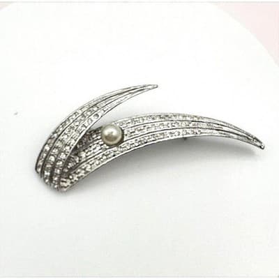 Vintage 80s Silver Tone Faux Pearl Glass Rhinestone Spray Brooch Pin Art Deco
