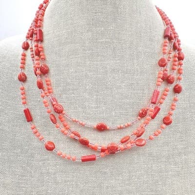 Vintage 70s Vibrant Red Coral Strands Statement Necklace Boohoo Beach Jewelry