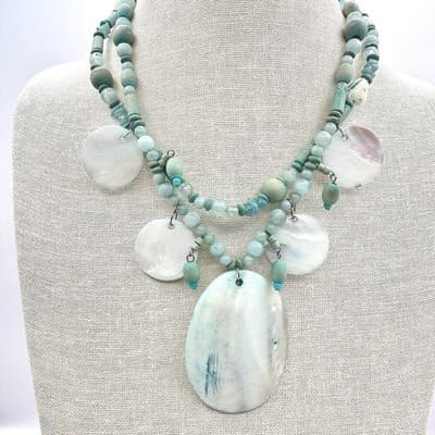 Vintage 90s Boohoo Mother Pearl & Teal Bead Statement Necklace Artisan jewelry