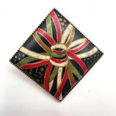 Vintage 90s Enamel Abstract Art Gold Tone Square Brooch Pendant Fashion Jewelry