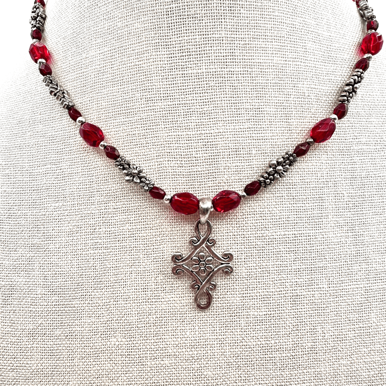 Vintage 90s Y2K Red Beaded Cross Necklace Silver Tone Gothic Floral Pendant